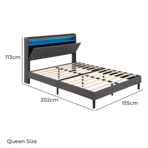 HAVEN COVE FURNITURE GREY LUSAMINE LINEN QUEEN BED WITH LED & CHARGING STATION