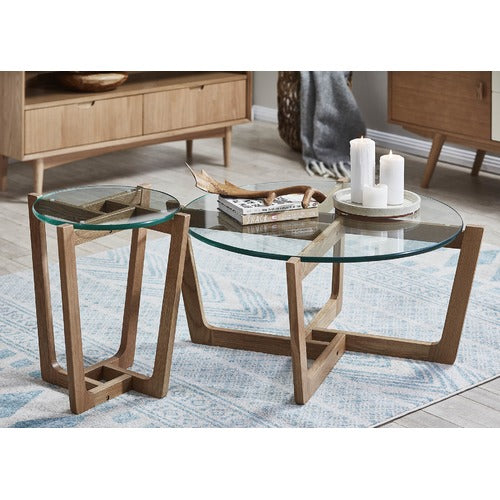 ESTUDIO FURNITURE NATURAL MONTEREY GLASS TOP COFFEE & SIDE TABLE SET