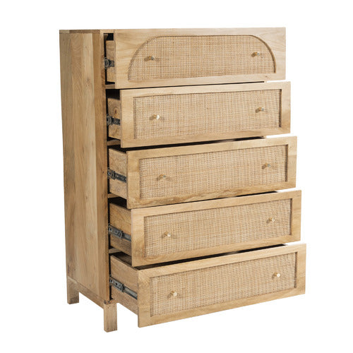 NATURAL ANYA MANGO WOOD & RATTAN 5 DRAWER CHEST