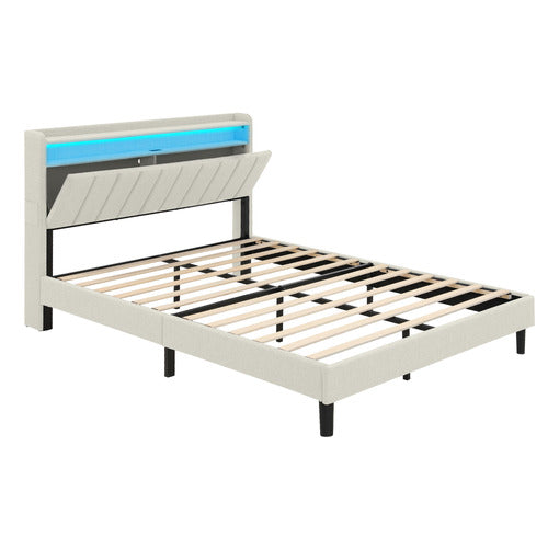 HAVEN COVE FURNITURE OSKAR UPHOLSTERED QUEEN BED FRAME WITH LED & CHARGING STATION