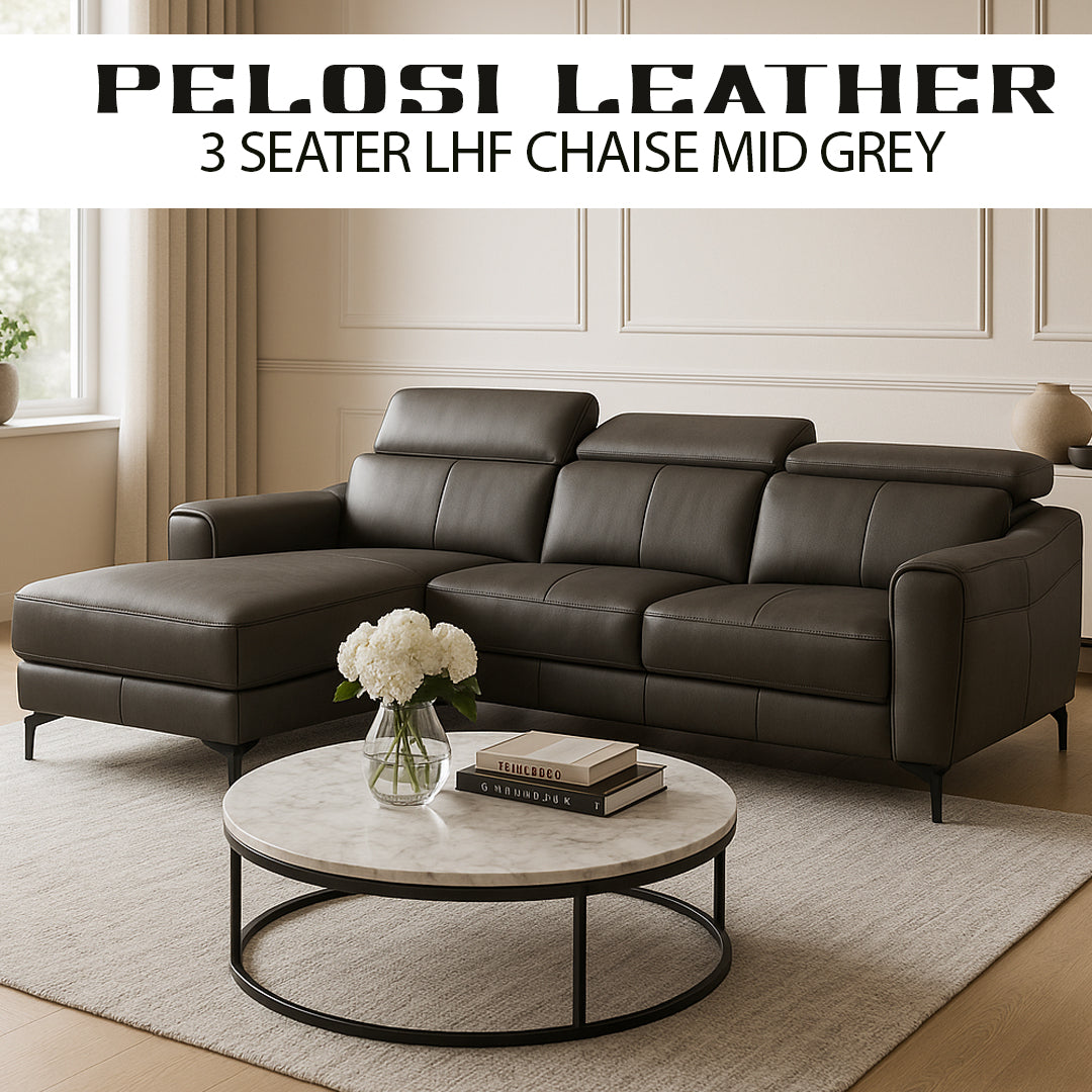 PELOSI LEATHER 3 SEATER LHF CHAISE MID GREY