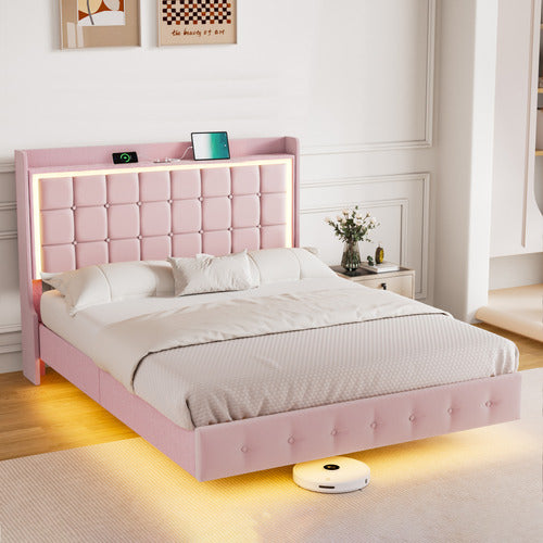 OAKLEIGH HOME PINK LEIF VELVET BED WITH LED