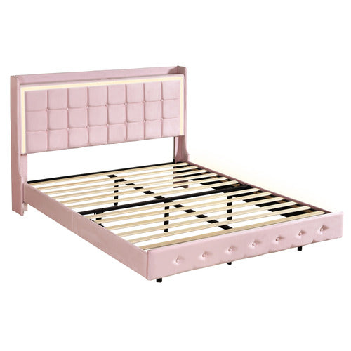 OAKLEIGH HOME PINK LEIF VELVET BED WITH LED
