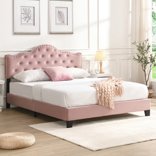 EVIE HOME PINK HOLT BUTTON-TUFTED VELVET BED FRAME