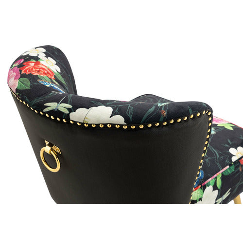 SHIRLEY LANE FURNITURE PINK ROSE & BUTTERFLY ON BLACK VELVET ACCENT CHAIR