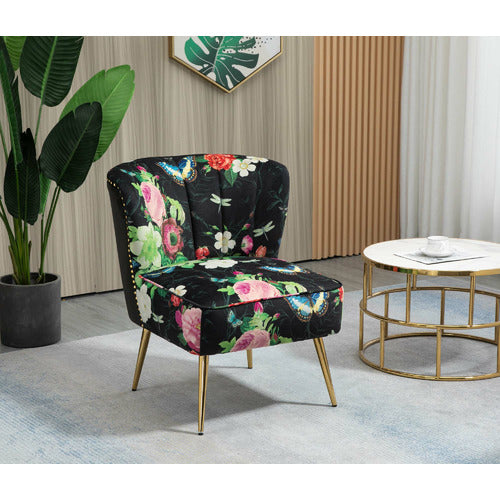 SHIRLEY LANE FURNITURE PINK ROSE & BUTTERFLY ON BLACK VELVET ACCENT CHAIR