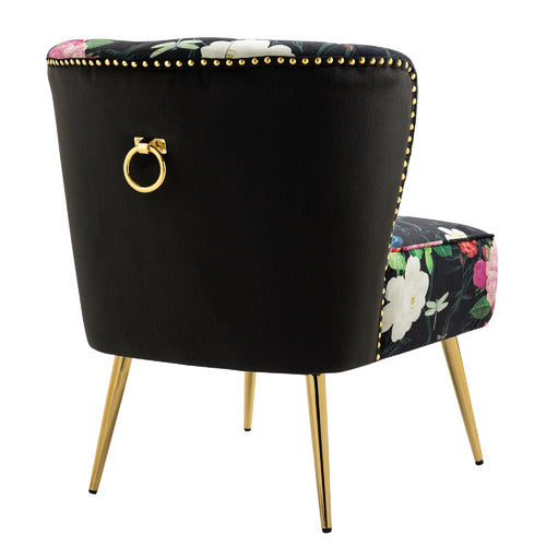 SHIRLEY LANE FURNITURE PINK ROSE & BUTTERFLY ON BLACK VELVET ACCENT CHAIR