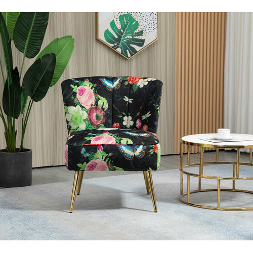 SHIRLEY LANE FURNITURE PINK ROSE & BUTTERFLY ON BLACK VELVET ACCENT CHAIR