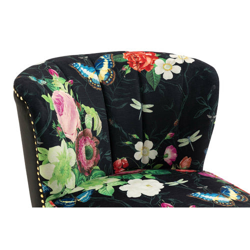 SHIRLEY LANE FURNITURE PINK ROSE & BUTTERFLY ON BLACK VELVET ACCENT CHAIR