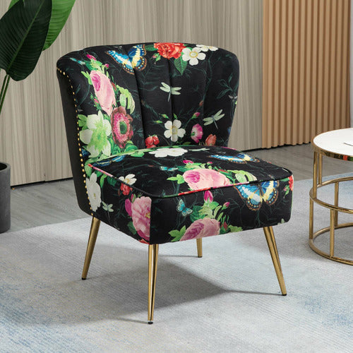 SHIRLEY LANE FURNITURE PINK ROSE & BUTTERFLY ON BLACK VELVET ACCENT CHAIR