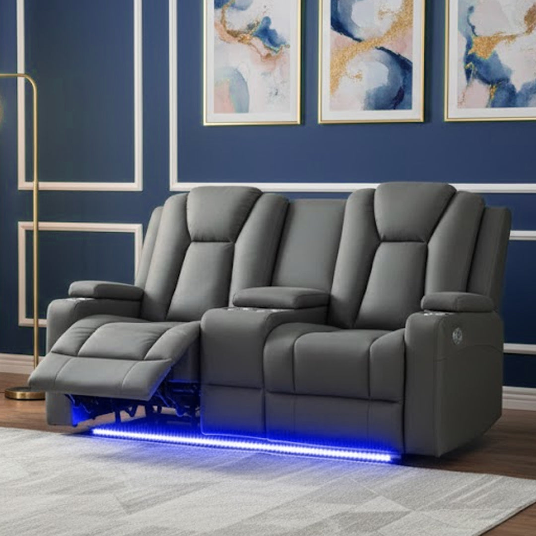 TRAVIS FABRIC 2 SEATER WITH RECLINERS AND CONSOLE STEEL