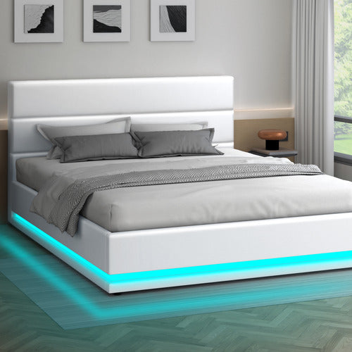 HOXTON ROOM WHITE ALPINE PU LEATHER GAS LIFT STORAGE BED WITH LED