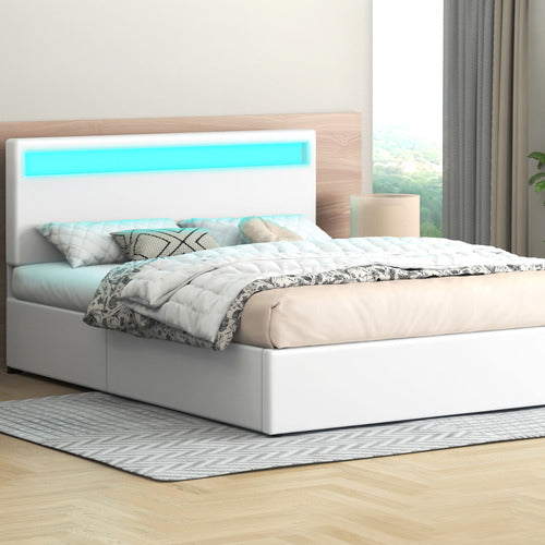 HOXTON ROOM WHITE CALEDON PU LEATHER GAS LIFT STORAGE BED WITH LED