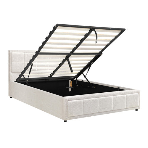LIVING FUSION WHITE REESE BOUCLE GAS LIFT STORAGE BED FRAME