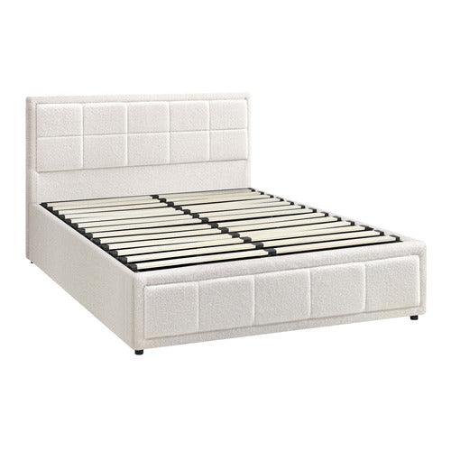 LIVING FUSION WHITE REESE BOUCLE GAS LIFT STORAGE BED FRAME