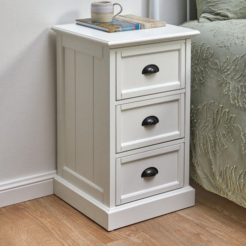 WHITE HAMPTONS 3 DRAWER BEDSIDE TABLE