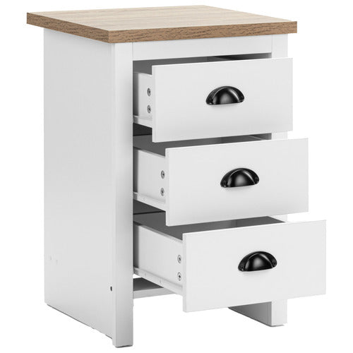 CORE LIVING WHITE & NATURAL EAST HASTINGS 3 DRAWER BEDSIDE TABLE