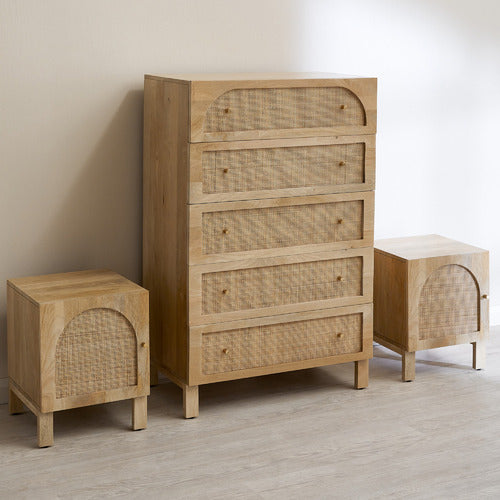 NATURAL ANYA MANGO WOOD & RATTAN 5 DRAWER CHEST
