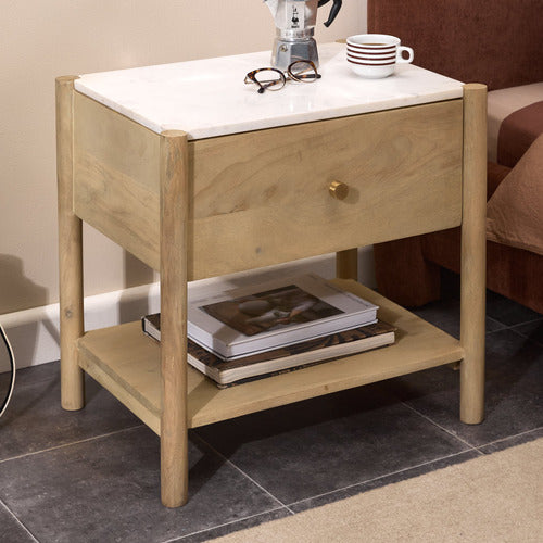 MAYA MARBLE & MANGO WOOD BEDSIDE TABLE