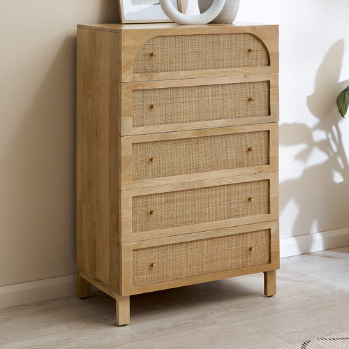 NATURAL ANYA MANGO WOOD & RATTAN 5 DRAWER CHEST