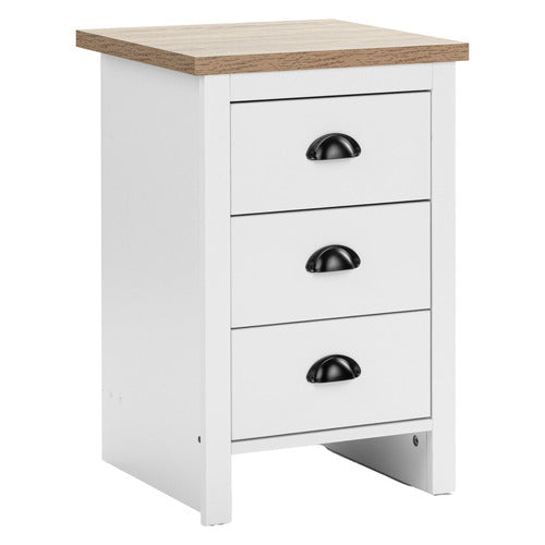 CORE LIVING WHITE & NATURAL EAST HASTINGS 3 DRAWER BEDSIDE TABLE