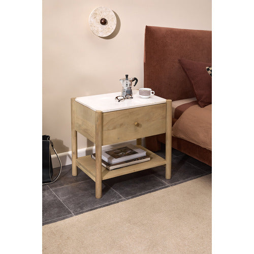 MAYA MARBLE & MANGO WOOD BEDSIDE TABLE