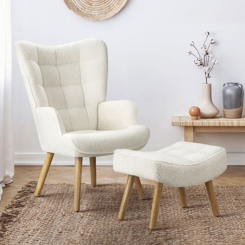 LIVING FUSION 2 PIECE LEANDER BOUCLE ARMCHAIR & FOOTSTOOL SET