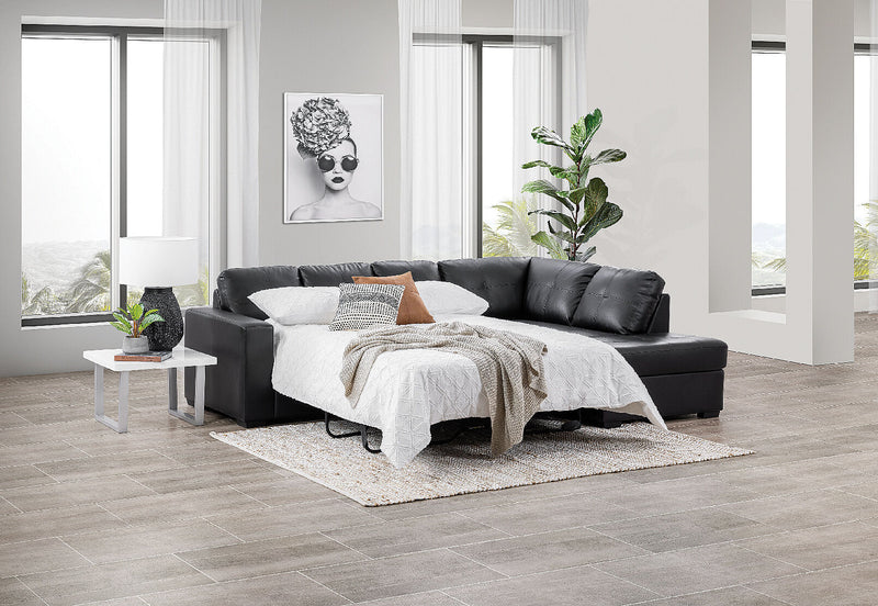 DIAMOND LEATHER-LOOK CORNER RIGHT-HAND FACING CHAISE WITH SOFA BED BLACK