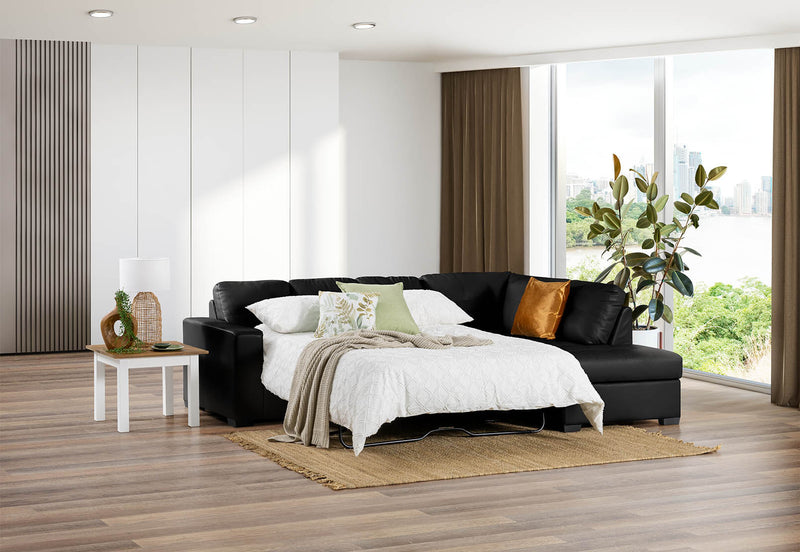 DIAMOND LEATHER-LOOK CORNER RIGHT-HAND FACING CHAISE WITH SOFA BED BLACK