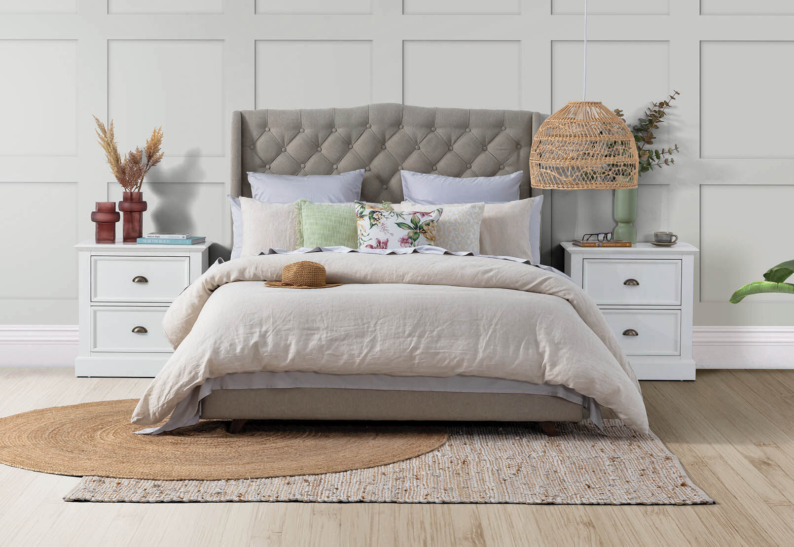 ARAGON FABRIC QUEEN BED PEBBLE