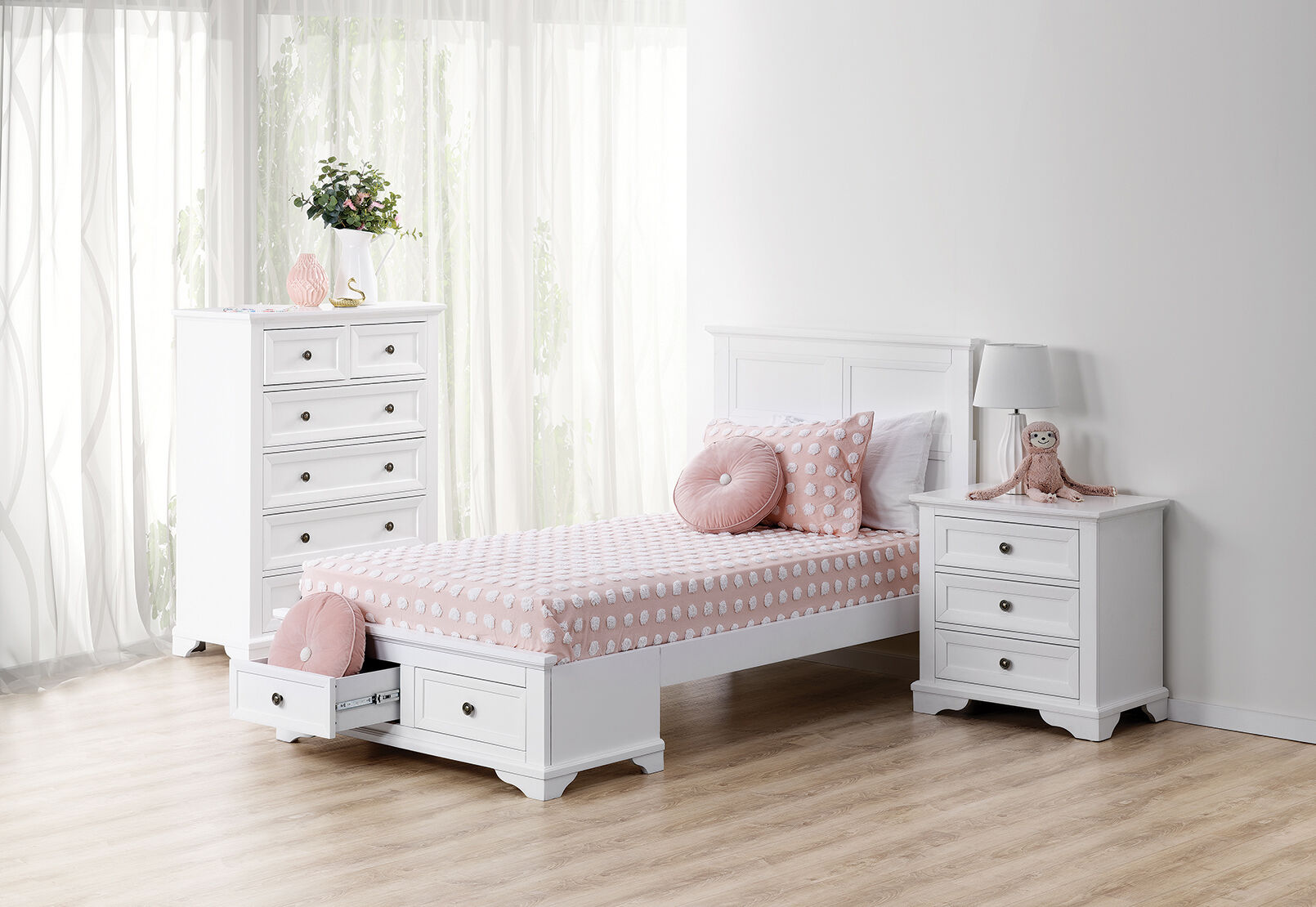 CHANELLE 3 PIECE KING SINGLE BEDROOM SUITE WHITE