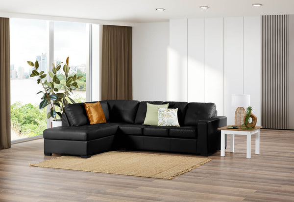 DIAMOND LEATHER-LOOK LEFT-HAND FACING CORNER CHAISE WITH SOFA BED BLACK