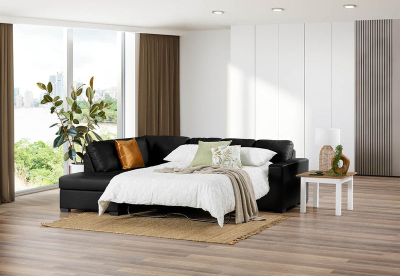 DIAMOND LEATHER-LOOK LEFT-HAND FACING CORNER CHAISE WITH SOFA BED BLACK