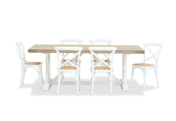 NORMANDY 7 PIECE DINING SUITE WITH BORDEAUX DINING CHAIRS  ANTIQUE WHITE