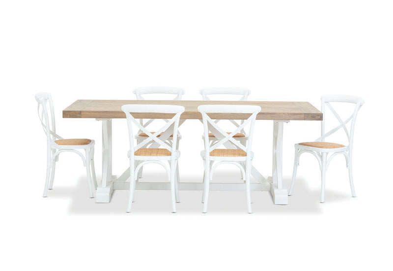 NORMANDY 7 PIECE DINING SUITE WITH BORDEAUX DINING CHAIRS  ANTIQUE WHITE