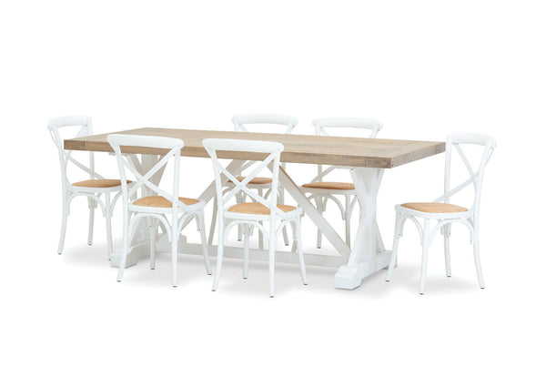 NORMANDY 7 PIECE DINING SUITE WITH BORDEAUX DINING CHAIRS  ANTIQUE WHITE