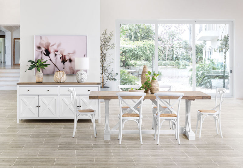 NORMANDY 7 PIECE DINING SUITE WITH BORDEAUX DINING CHAIRS  ANTIQUE WHITE