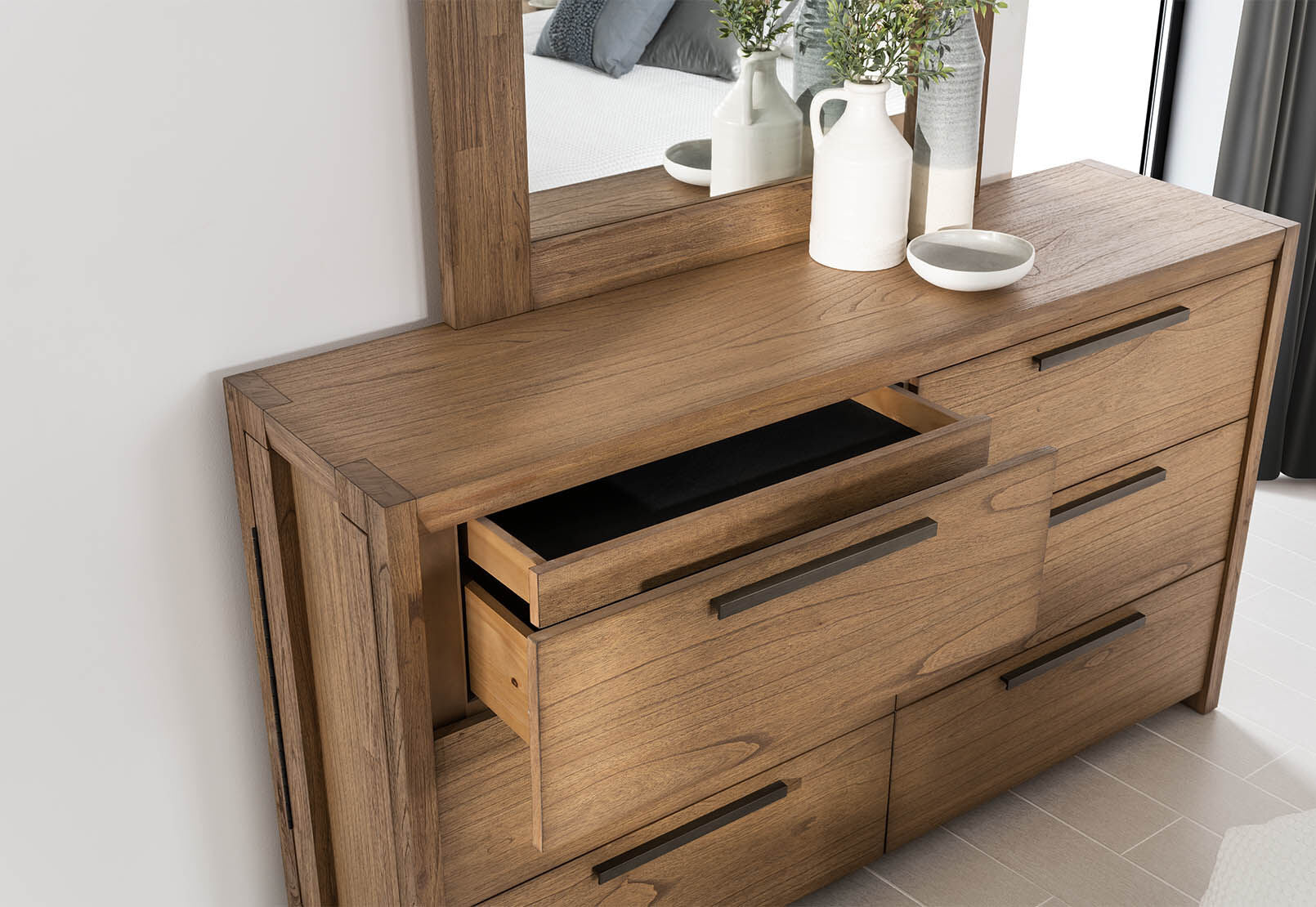 ROMULUS 6 DRAWER DRESSER WITH MIRROR WALNUT
