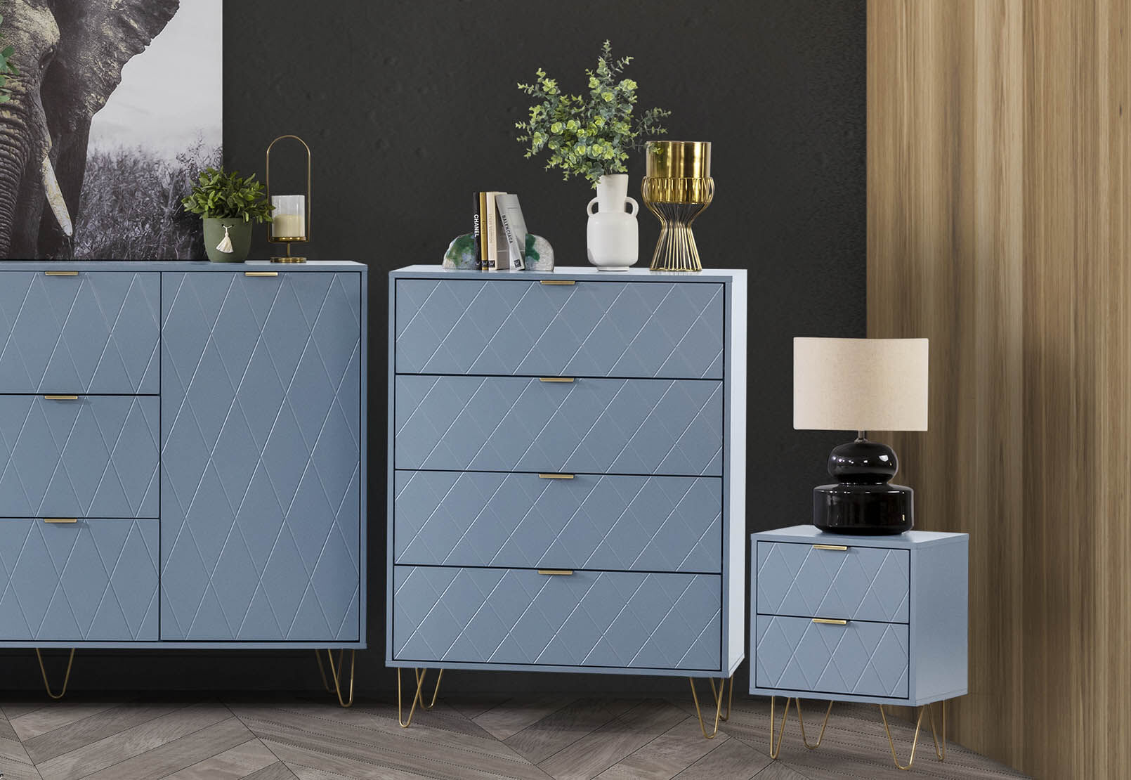 DORSEY BLUE SLATE 4 DRAWER WIDE TALL CHEST BLUE SLATE