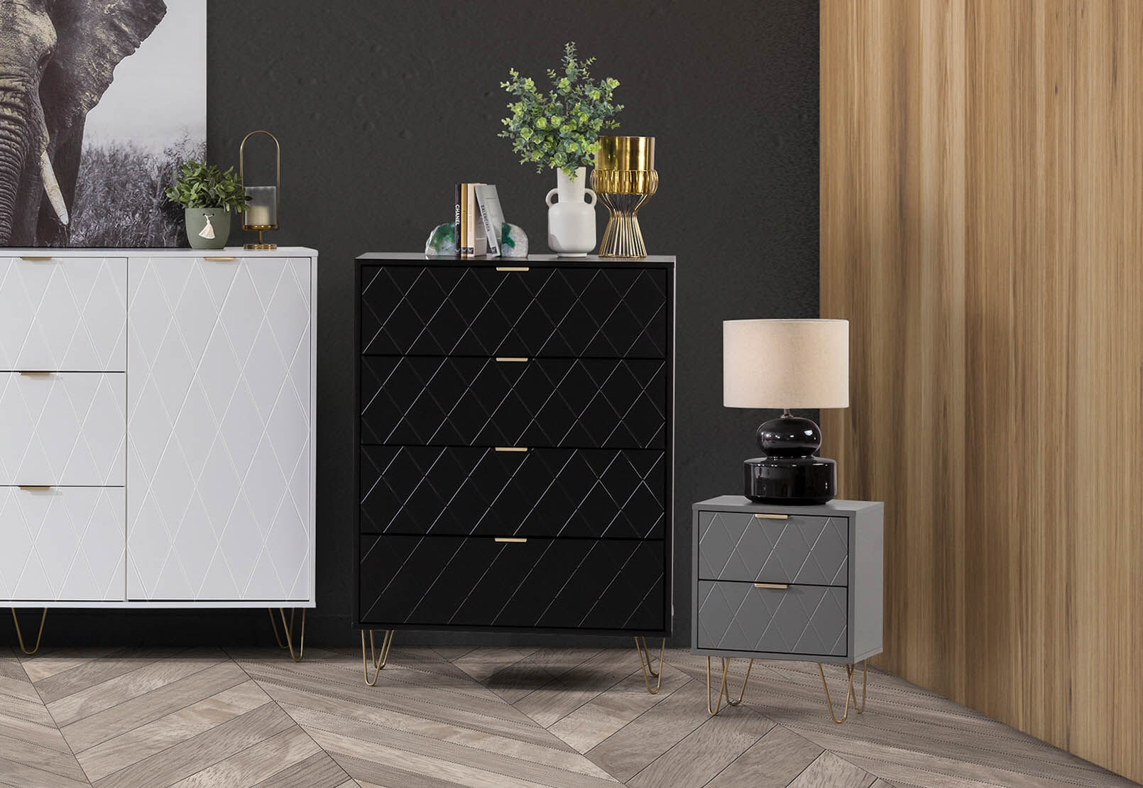 DORSEY BLACK 4 DRAWER WIDE TALL CHEST BLACK
