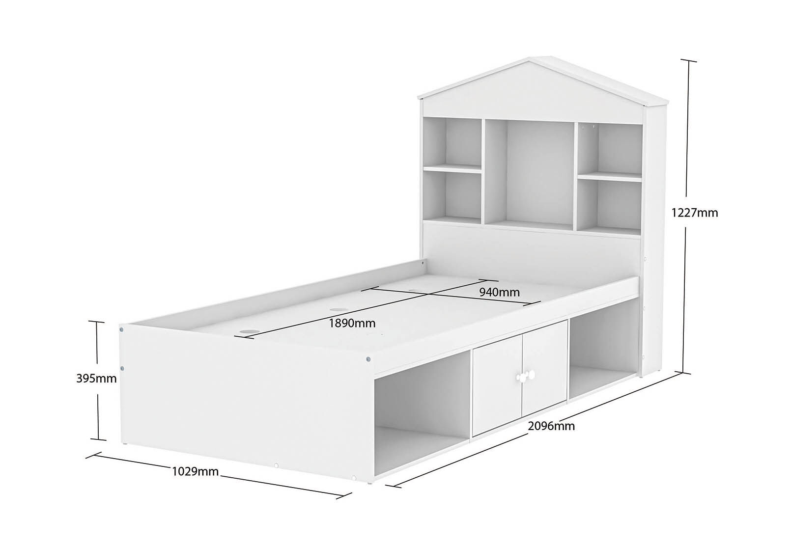 MERRITT SINGLE BED WITH STORAGE BASE WHITE