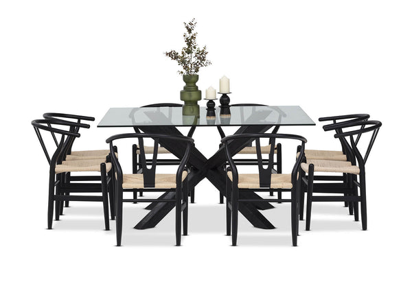 PROMENADE 9 PIECE DINING SUITE WITH WISHBONE REPLICA MKII DINING CHAIRS BLACK