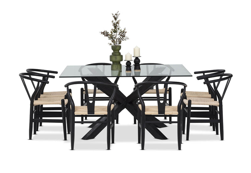PROMENADE 9 PIECE DINING SUITE WITH WISHBONE REPLICA MKII DINING CHAIRS BLACK