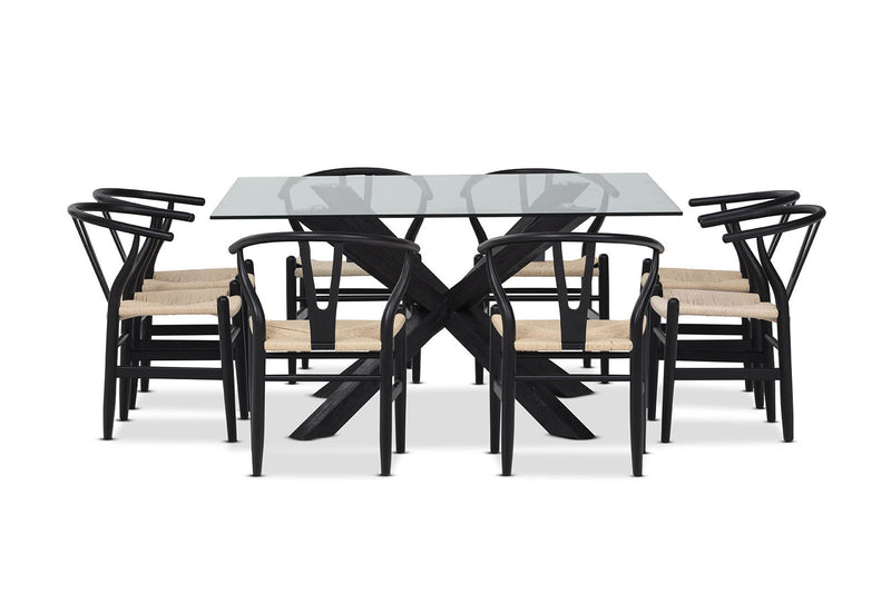 PROMENADE 9 PIECE DINING SUITE WITH WISHBONE REPLICA MKII DINING CHAIRS BLACK