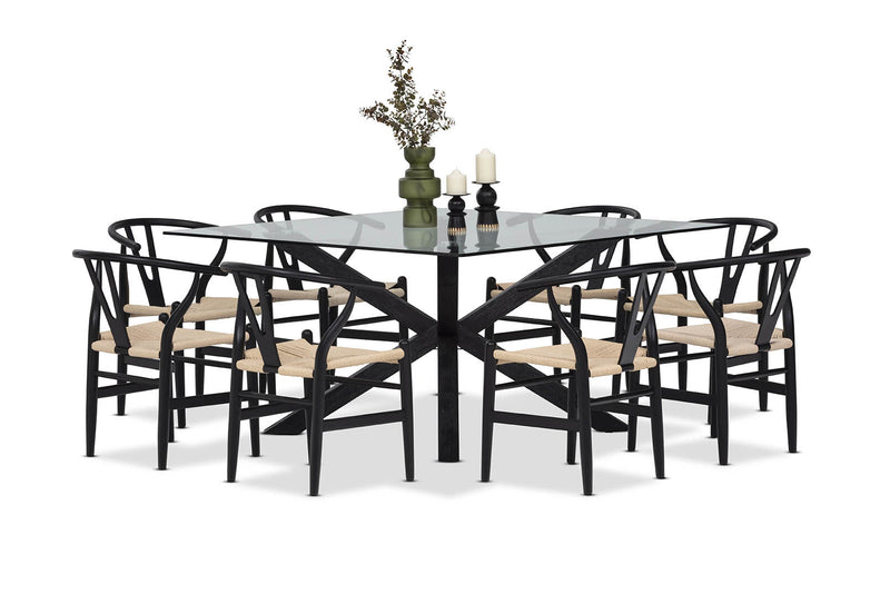 PROMENADE 9 PIECE DINING SUITE WITH WISHBONE REPLICA MKII DINING CHAIRS BLACK