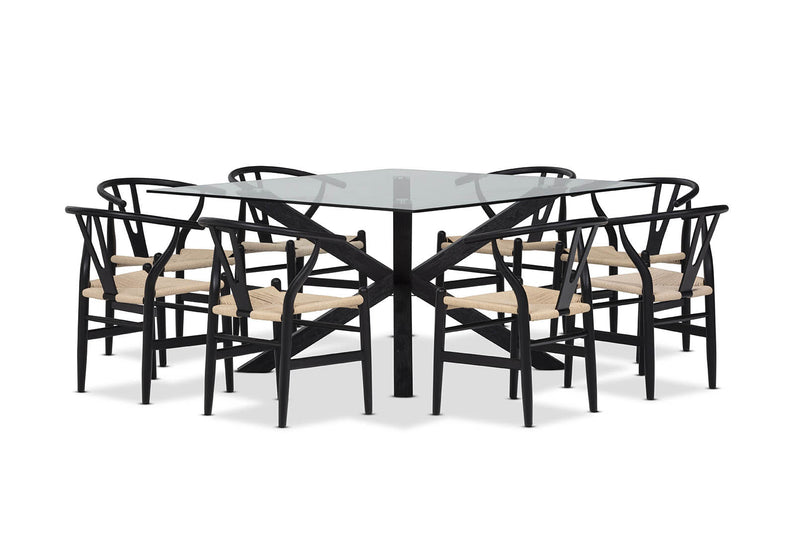 PROMENADE 9 PIECE DINING SUITE WITH WISHBONE REPLICA MKII DINING CHAIRS BLACK
