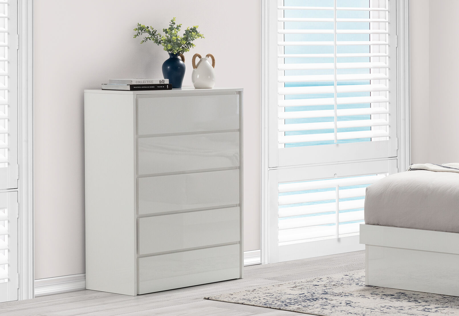 CALISTO 5 DRAWER TALL CHEST WHITE