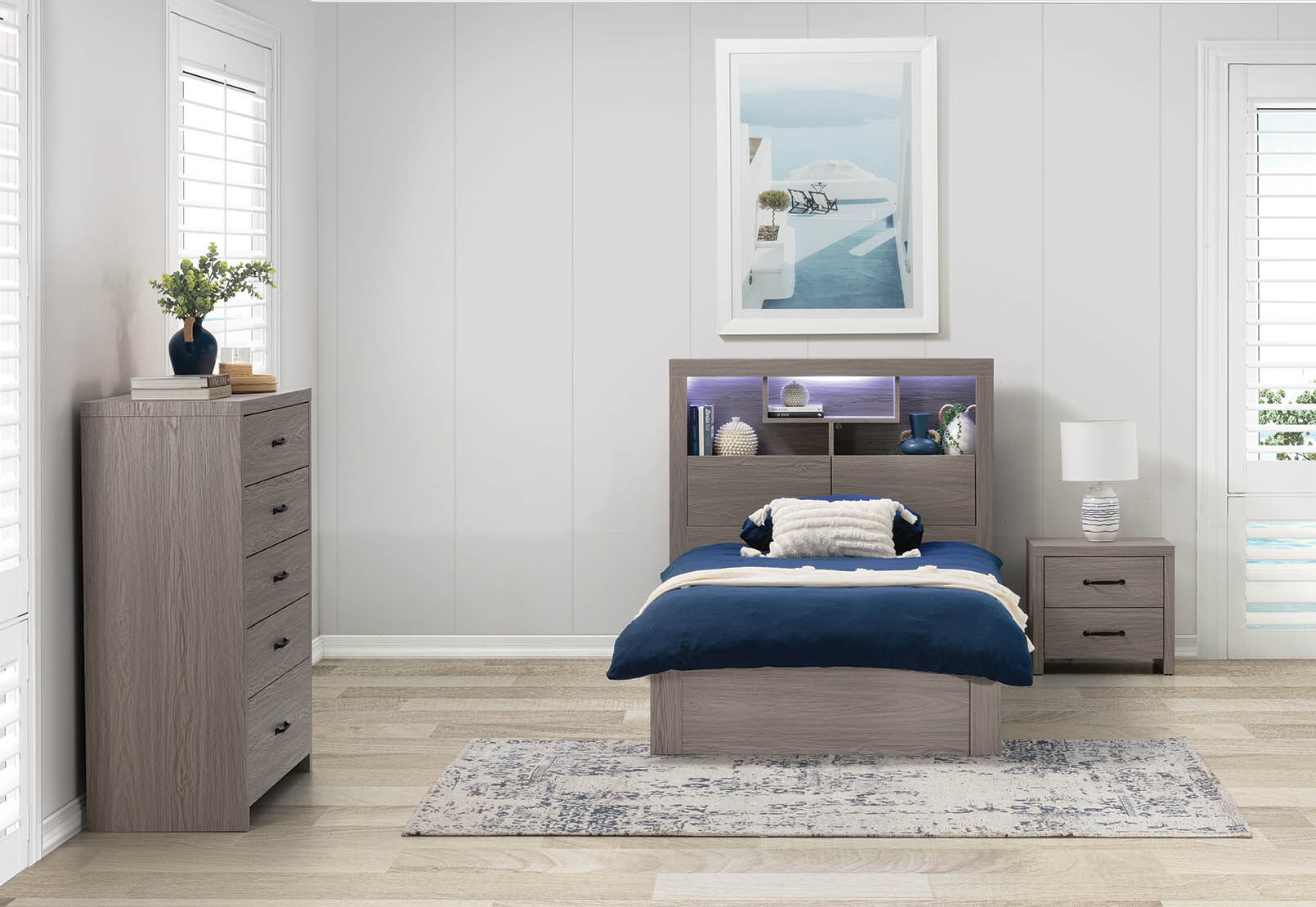 GEOVANA 3 PIECE KING SINGLE BED TALL CHEST SUITE. GREY