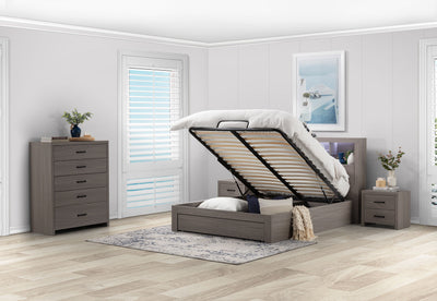 GEOVANA 4 PIECE QUEEN BED TALL CHEST SUITE. GREY