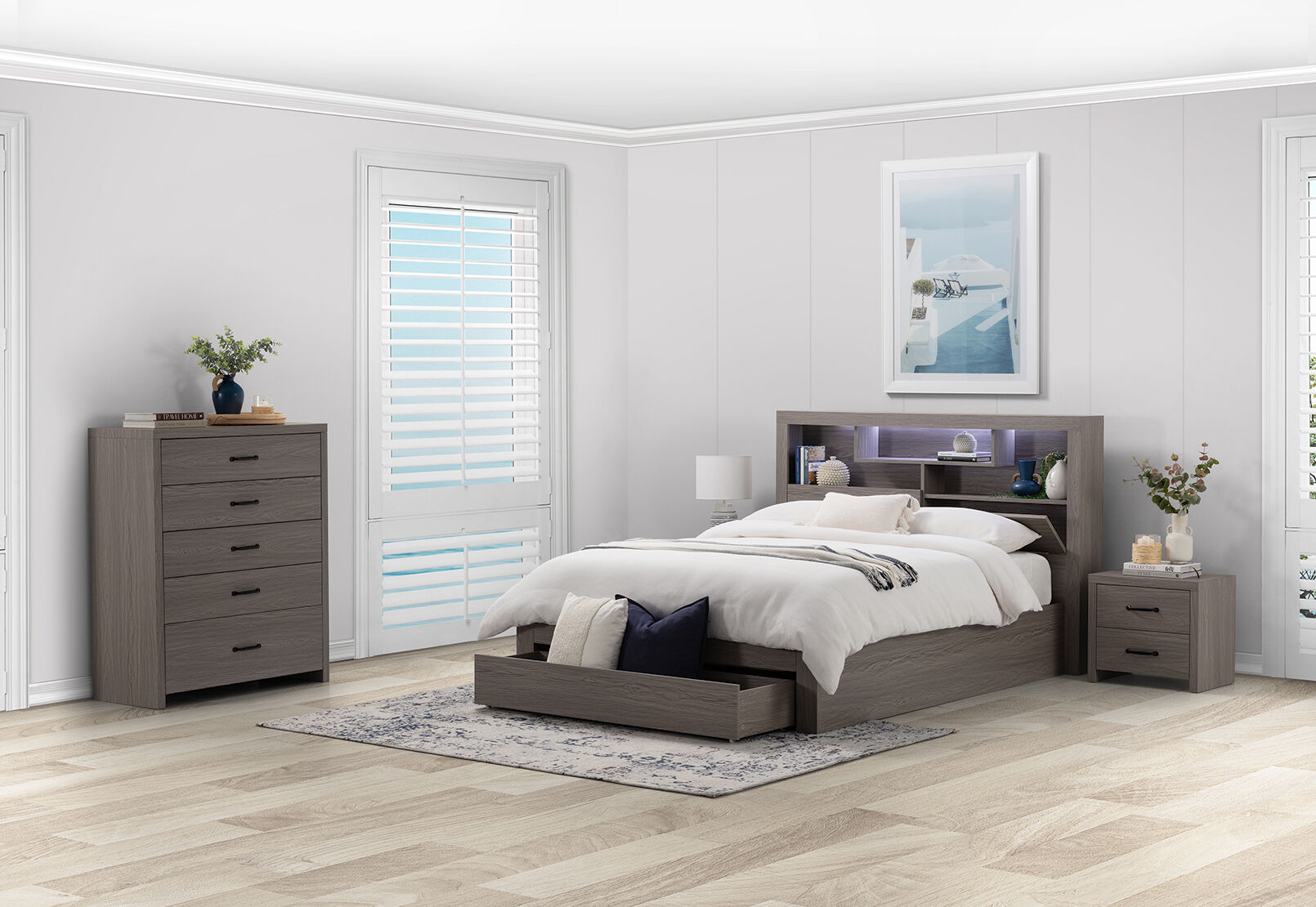 GEOVANA 4 PIECE QUEEN BED TALL CHEST SUITE. GREY